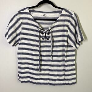 Madewell Striped Lace Up Short Sleeve Top Linen Cotton Blend Size S